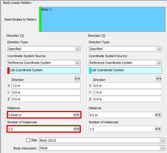 Set the parameters of a linear pattern (x-direction)