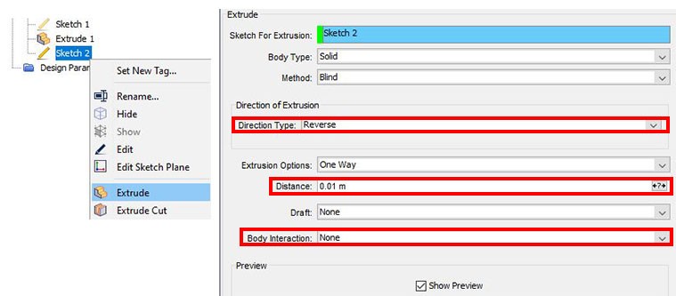 Extrusion of the sketch without body interaction