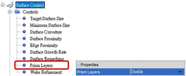 Disabling Prism layers for the custom surfaces